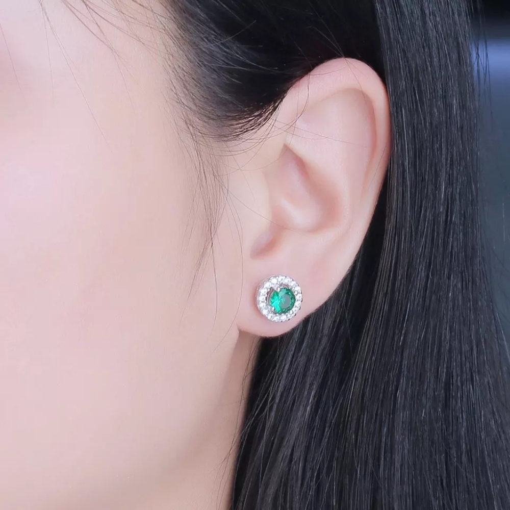Elegant Silver Round Green Crystal Earrings - Picture 2 of 2